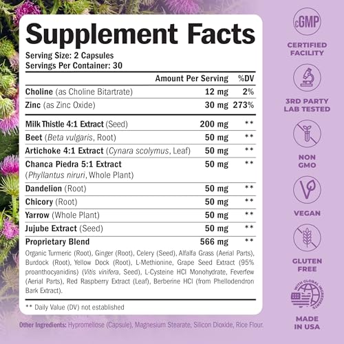 Vegan Liver Cleanse Detox & Repair Milk Thistle Supplement - Choline, Artichoke Extract & Chicory - 60 Capsules - Herbal