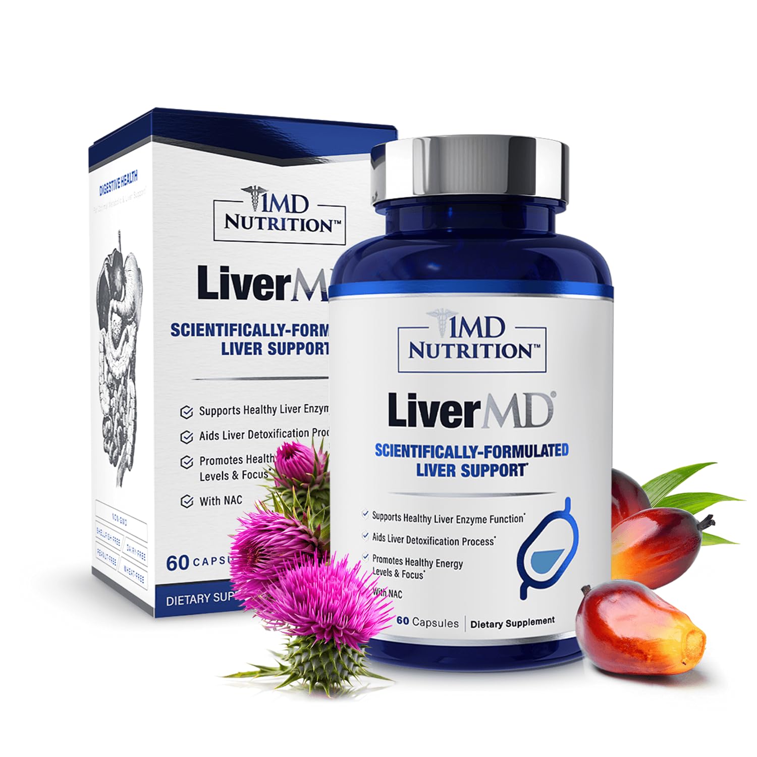 1MD Nutrition Liver Support Supplement for Liver Health - Siliphos Milk Thistle & NAC - Boosts Energy & Immunity, 60 Cap