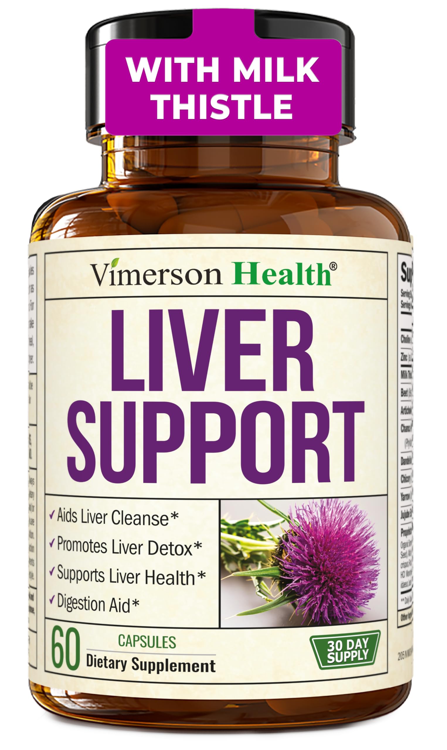Vegan Liver Cleanse Detox & Repair Milk Thistle Supplement - Choline, Artichoke Extract & Chicory - 60 Capsules - Herbal